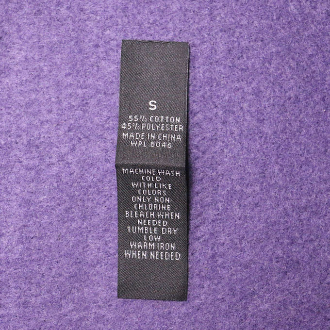 La taille de couture de labels tissée par damassé de pli d'extrémité étiquette le fond blanc avec le texte noir